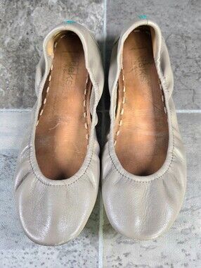 TIEKS BY GAVRIELI TAUPE ITALIAN LEATHER BALLET FLATS.